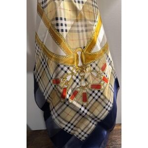 Large Scarf Blue Boarder W Classic Tan Blk Red Plaid Equestrian Print 40x41"